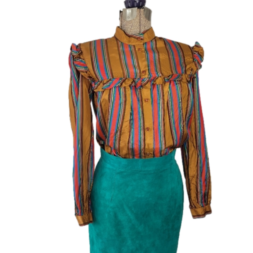 Vintage 80's brown red and blue striped button down shirt with mock neck